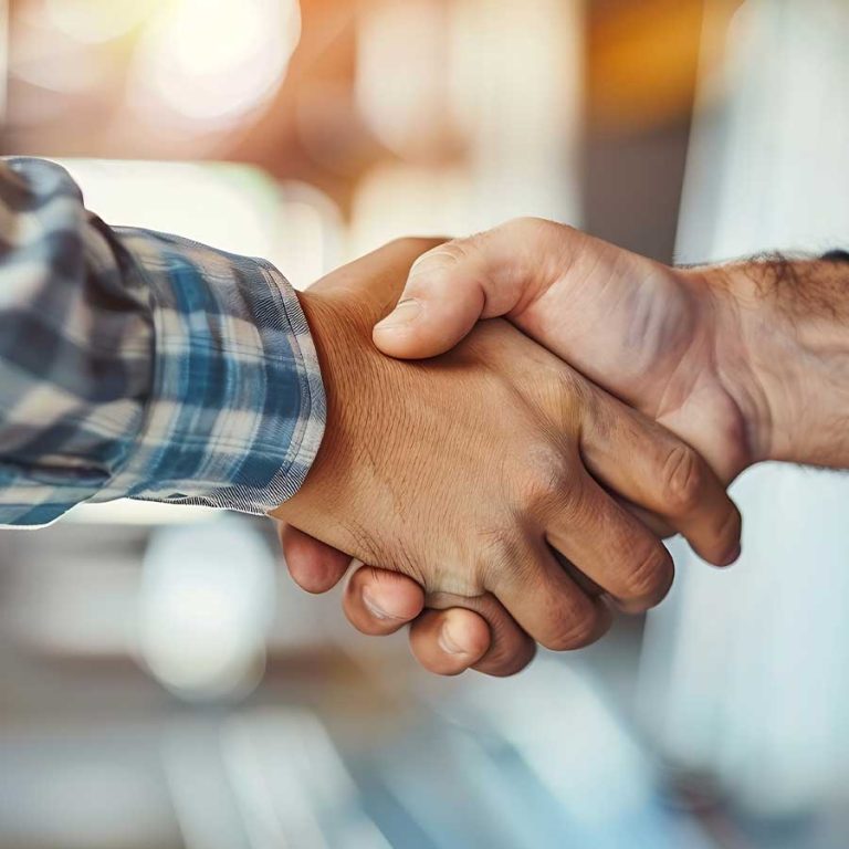 Construction worker and home owner shaking hands
